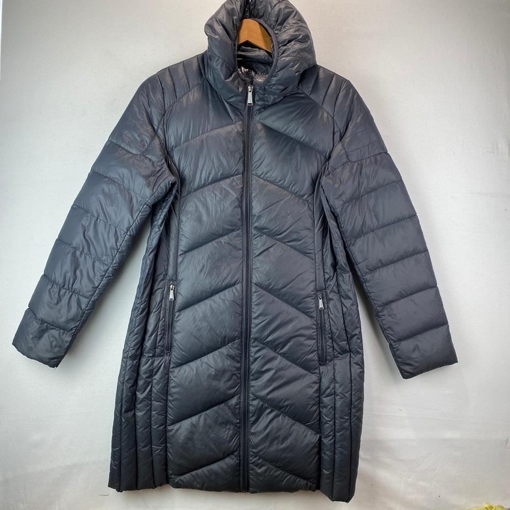 BCBGeneration Packable Down Puffer Coat Women L Gray Chevron Quilted Longline